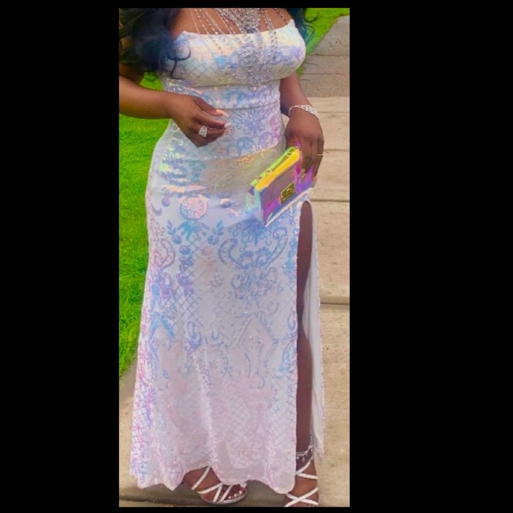 white sparkly split dress